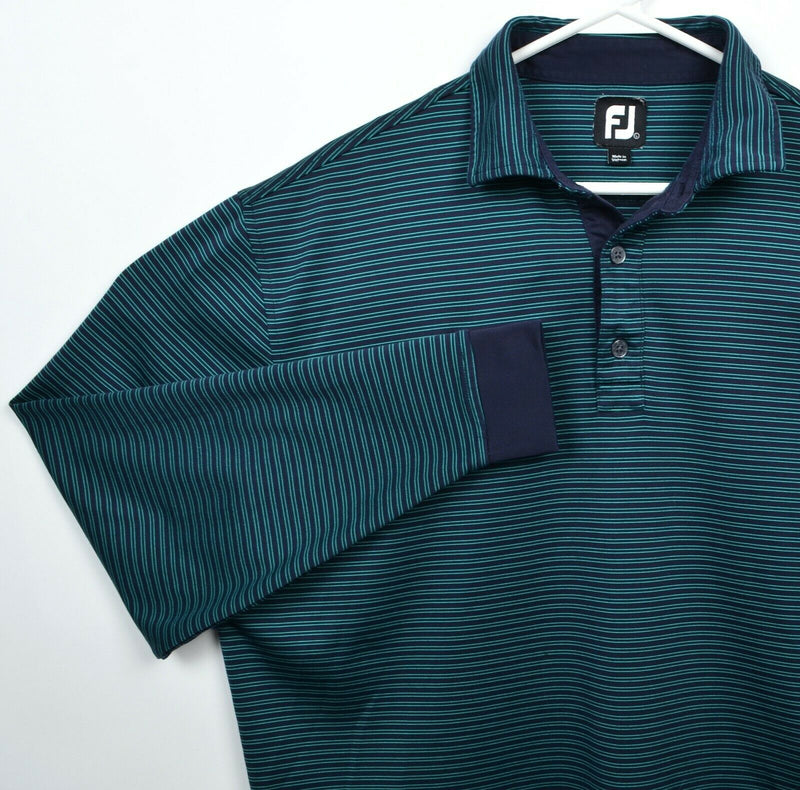 FootJoy Men's Large Green Navy Blue Striped FJ Golf Long Sleeve Polo Shirt