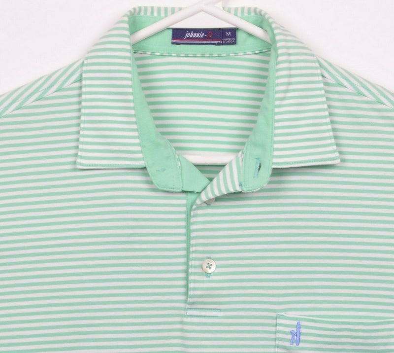 Johnnie-O Men's Medium Green White Striped Cotton Spandex Logo Preppy Polo Shirt