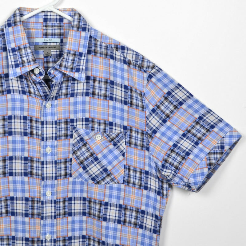 Johnston & Murphy Men's Medium Slim Fit Patchwork Blue Plaid Button-Front Shirt