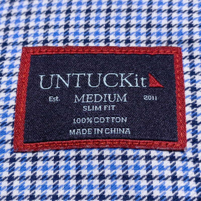 UNTUCKit Shirt Men's Medium Slim Fit Houndstooth Plaid Blue Button-Up Ansellmo