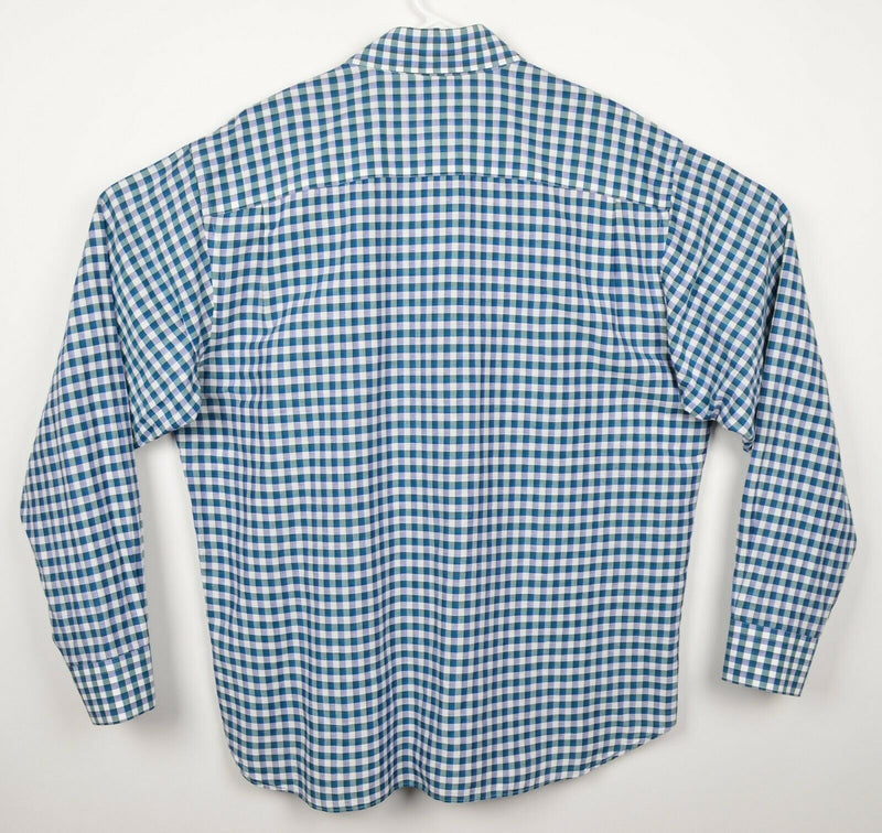 Robert Talbott Men's Large Linen Blend Green Blue Plaid Check Long Sleeve Shirt
