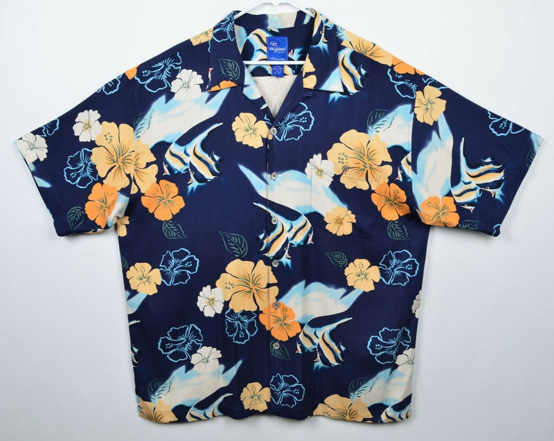 AFTCO Wyland Signature Men's Sz 2XL 100% Silk Blue Floral Fish Hawaiian Shirt