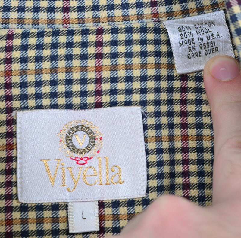 Viyella Men's Large Cotton Wool Blend Shepherd Check Navy Tan USA Flannel Shirt