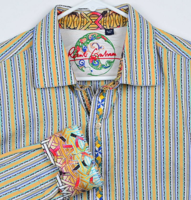 Robert Graham Men's Sz XL Flip Cuff Yellow Striped Geometric Embroidered Shirt