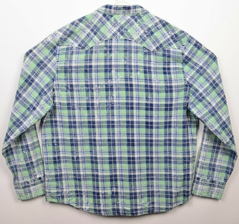 True Grit Men's XL Green Blue Plaid Distressed Paint Splatter Button-Front Shirt