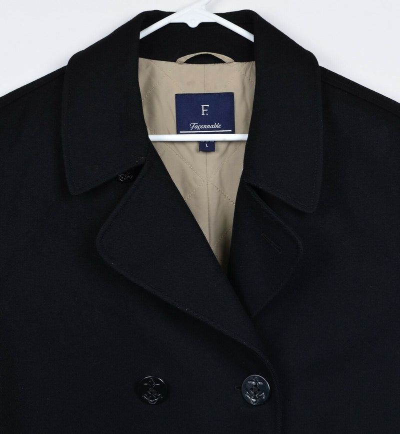 Faconnable Men's Large Wool Quilt Lined Navy Blue Double-Breasted Peacoat Jacket