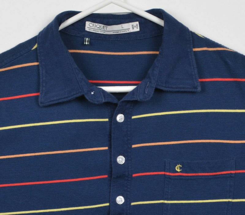 Criquet Men's Large Navy Blue Colorful Striped Short Sleeve Pocket Polo Shirt