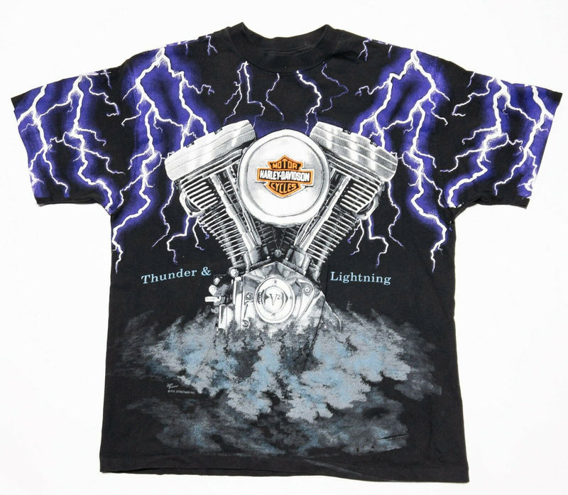 DRY ROT Harley-Davidson Thunder Lightning All Over Print Vintage 90s T-Shirt