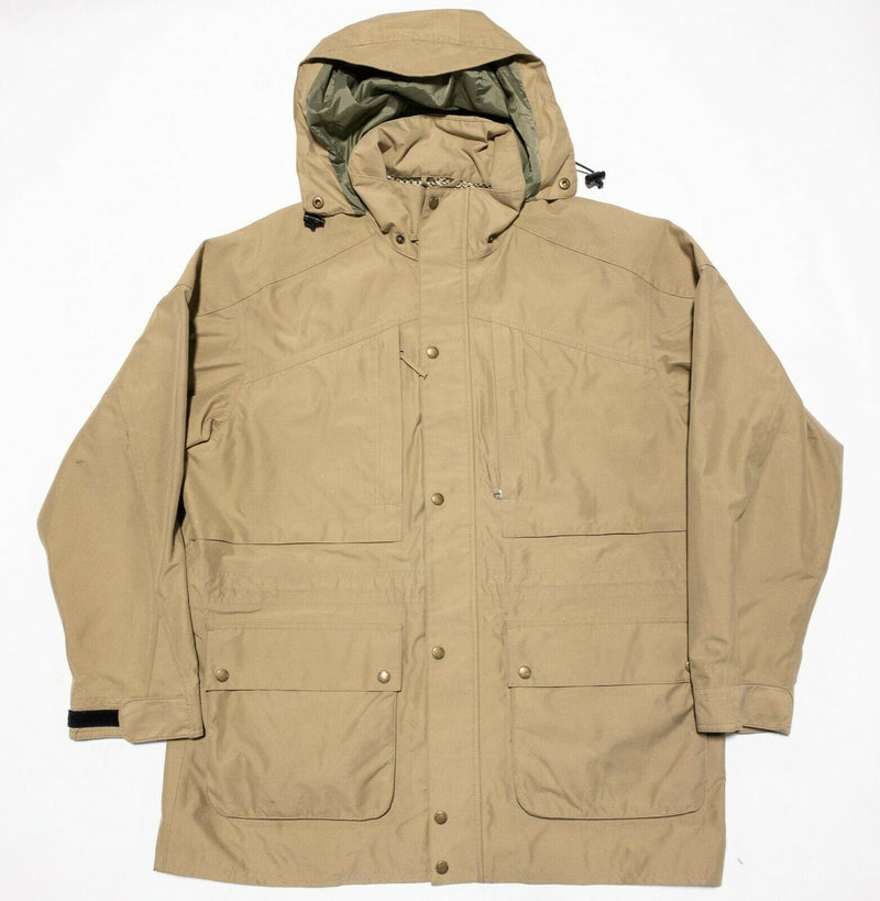 Orvis Fishing Utility Multi-Pocket Sporting Jacket Hooded Khaki Tan Men's Large