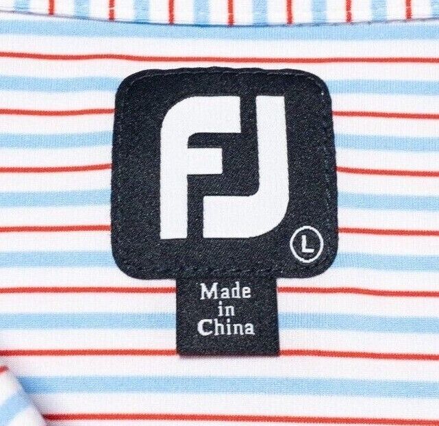 FootJoy Golf Shirt Large Men's Polo White Blue Red Striped Wicking Performance