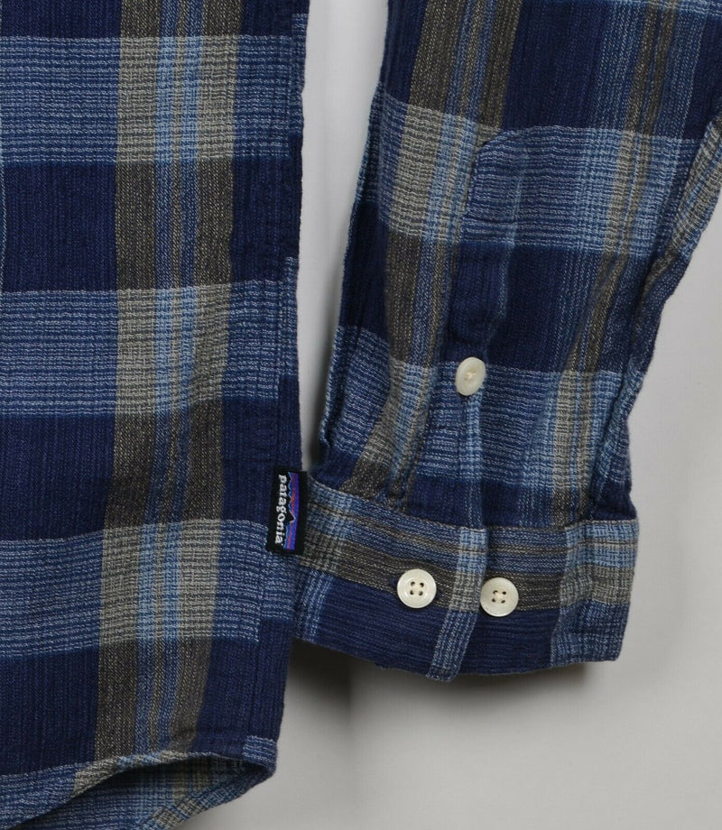 Patagonia Men's 2XL Seersucker Organic Cotton Blue Plaid Check Long Sleeve Shirt