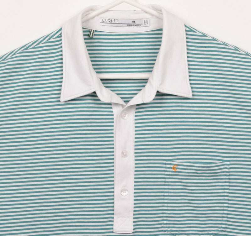 Criquet Men's XL Green White Striped Contrast Collar Pocket Polo Shirt