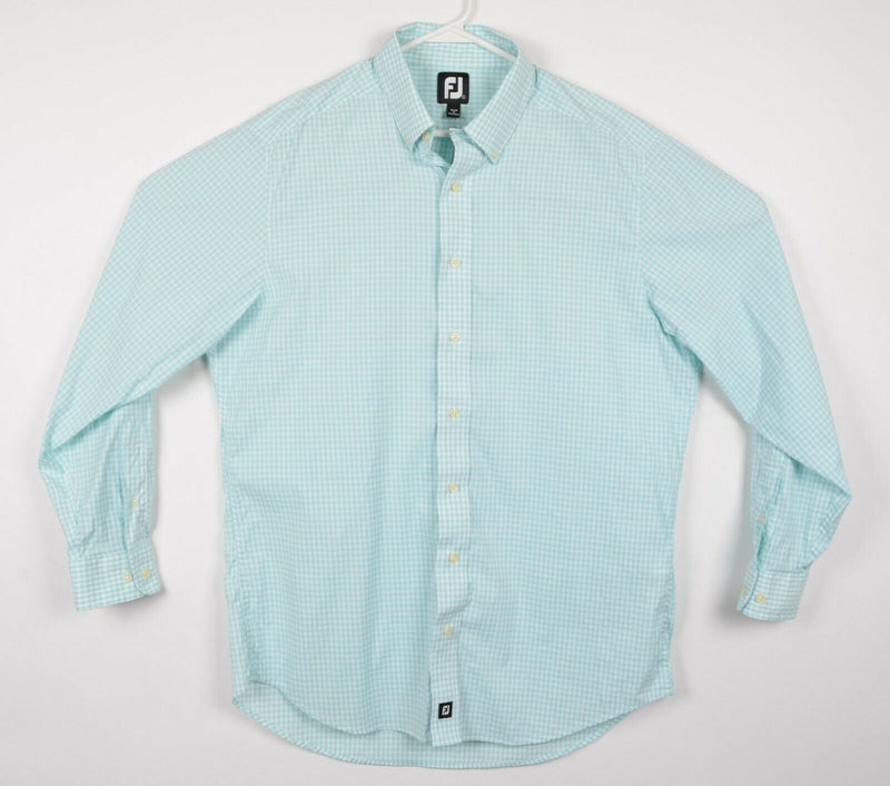 FootJoy Men's Large Nylon Wicking Aqua Blue Gingham Check FJ Button-Down Shirt