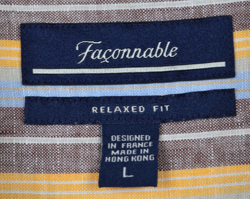 Faconnable Men's Sz Large Relaxed Fit 100% Linen Orange Blue Brown Striped Shirt