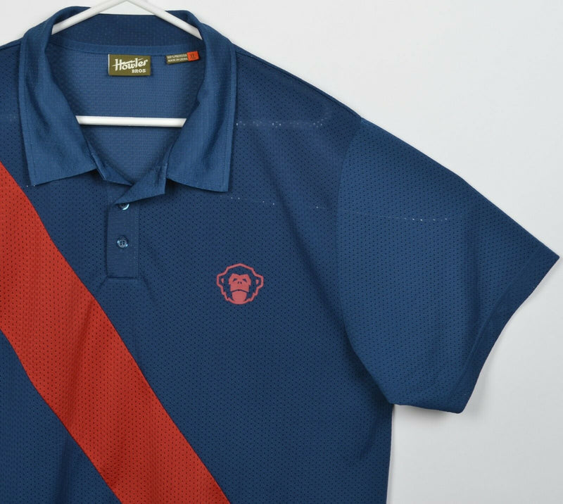 Howler Bros Men's XL Monkey Logo Blue Red Stripe Polyester Mesh Polo Shirt