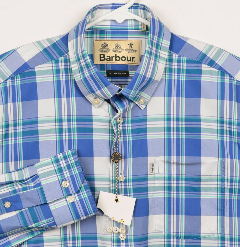 Barbour Men's Sz Small Tailored Fit Blue Green Plaid Minster Performance Shirt