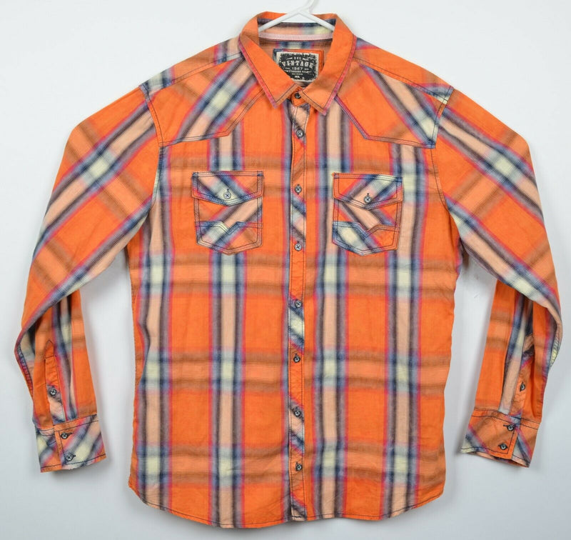 BKE Vintage Men's XL Standard Fit Orange Plaid Rockabilly Button-Front Shirt