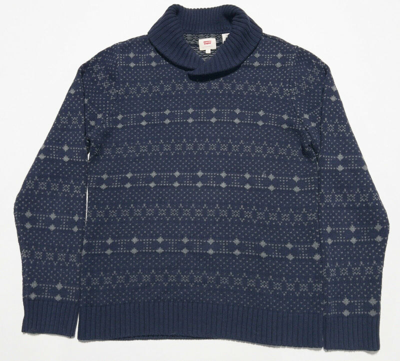 Levi's Men's Large Fair Isle Geometric Shawl Collar Navy Blue Knit Sweater