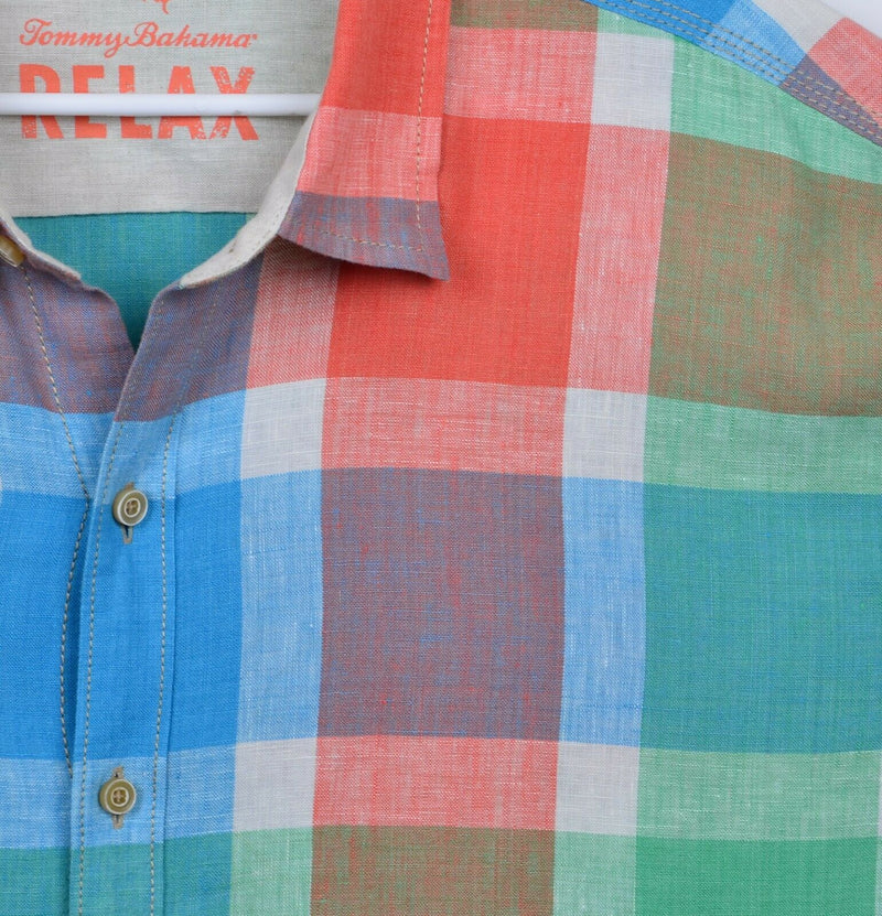 Tommy Bahama Relax Men's Sz 2XL 100% Linen Multi-Color Plaid Hawaiian Camp Shirt