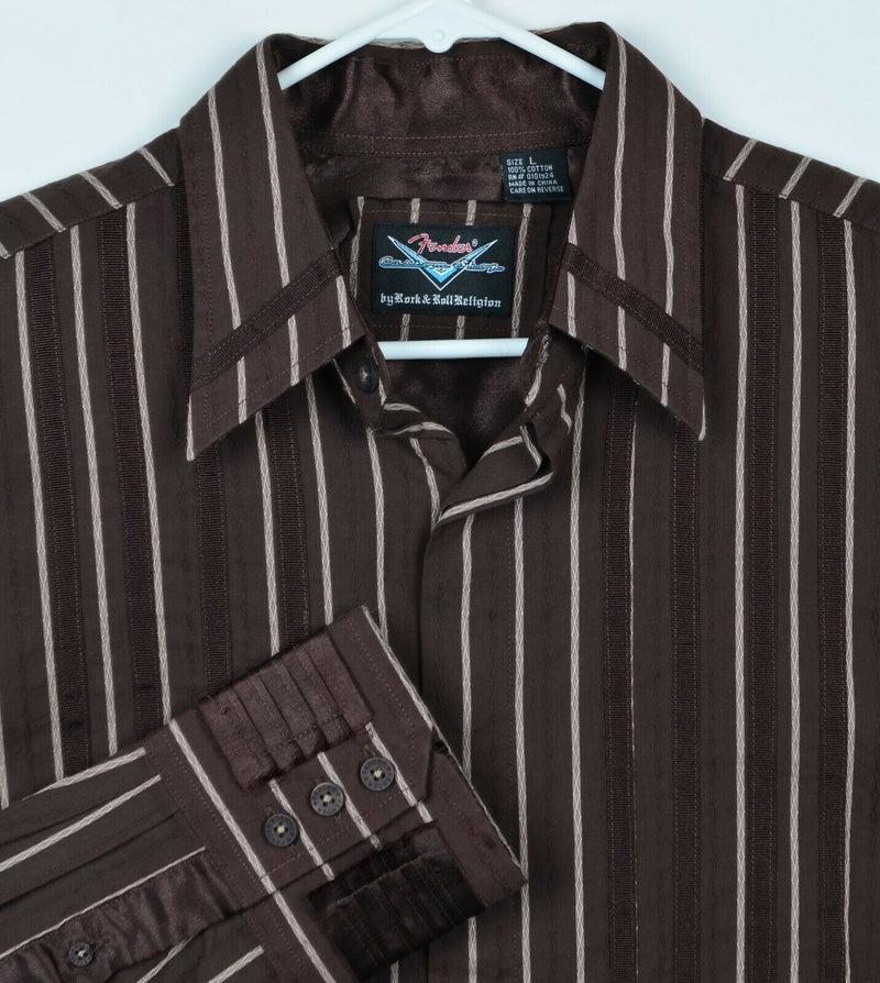 Fender Men's Sz Large Embroidered Brown Striped Rock & Roll Rockabilly Shirt