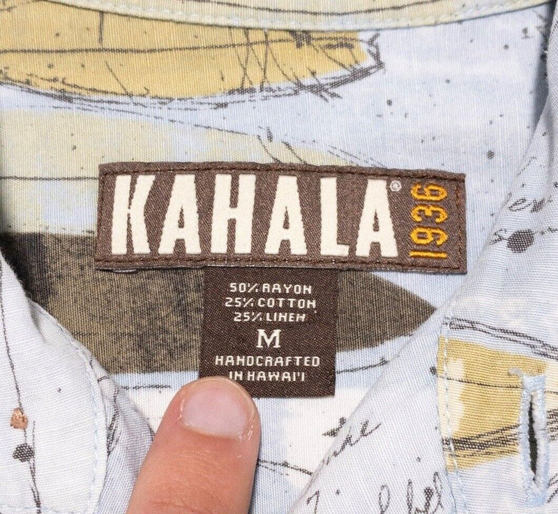 Kahala 1936 Hawaiian Shirt Medium Men's Aloha Surfboard Graphic Linen Blueprint