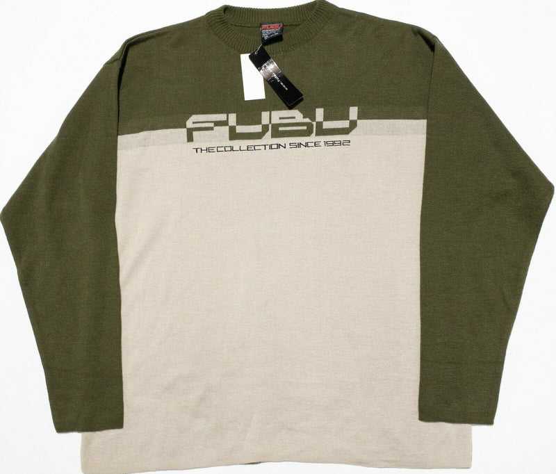 FUBU Men's 2XL The Collection Olive Green Biege Colorblock 90s Hip Hop Sweater