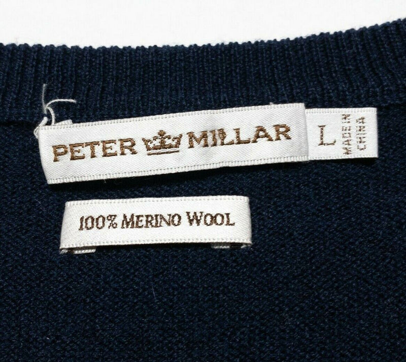 Peter Millar Sweater Vest Men's Large Merino Wool Golf Navy Blue V-Neck