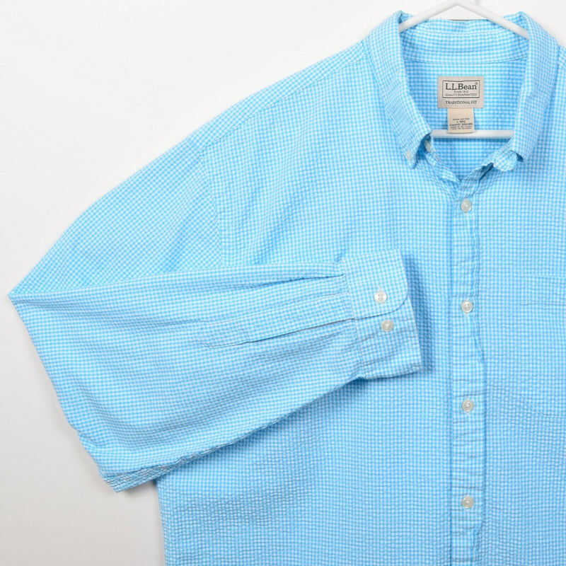 L.L. Bean Men's Large Seersucker Blue Gingham Check Preppy Button-Down Shirt
