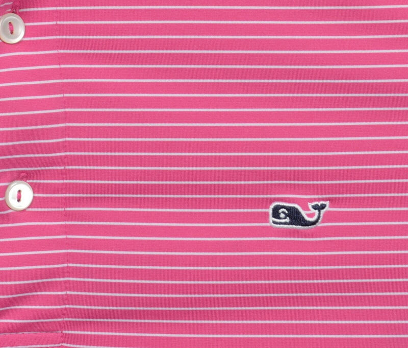 Vineyard Vines Men's Medium Pink Striped Whale Polyester Wicking Golf Polo Shirt