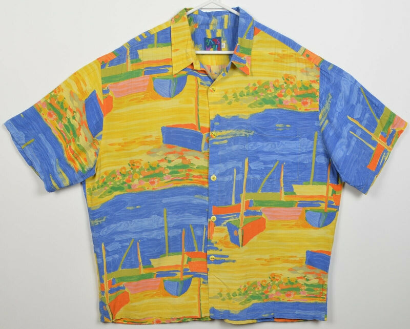 Jam's World Men XL Low Tide Sailboats Watercolor Crinkle Rayon Hawaiian Shirt