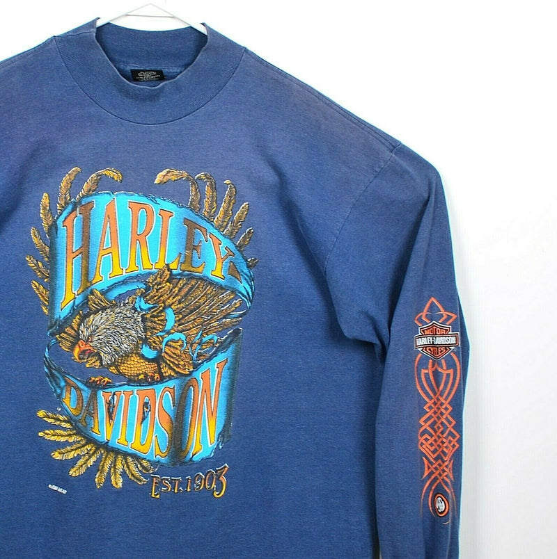 Vintage 90s Harley-Davidson Men's XL Eagle Tribal Logo Blue Long Sleeve T-Shirt