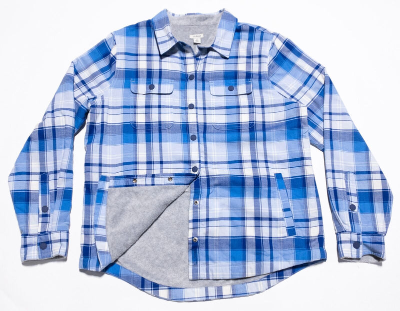 L.L. Bean Fleece-Lined Flannel Shirt Jacket Womens Medium Blue Plaid Snap Sherpa