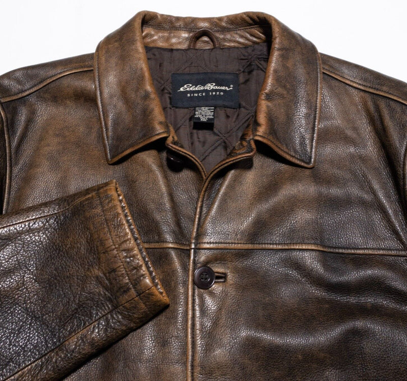Eddie Bauer Leather Jacket Mens 2XLT Tall Lined Brown Patina Distressed Car Coat