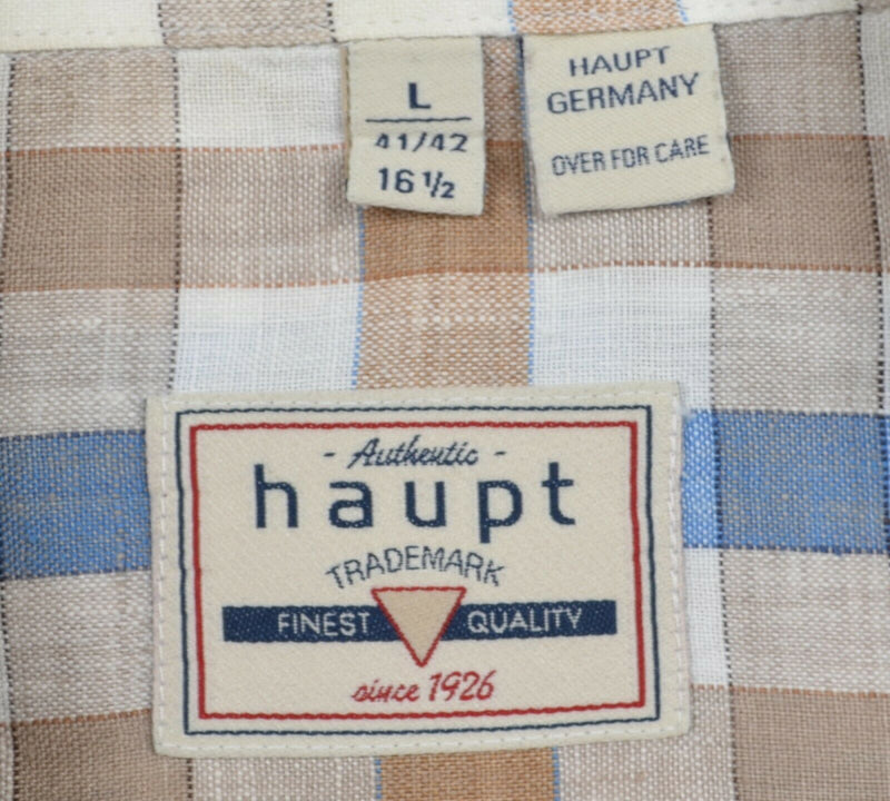 Haupt Germany Men's Large 100% Linen Brown Blue Plaid Check Button-Down Shirt