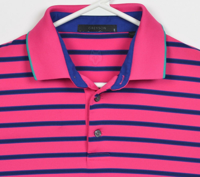Greyson Men's Small Pink Navy Blue Striped Wicking Stretch Golf Polo Shirt