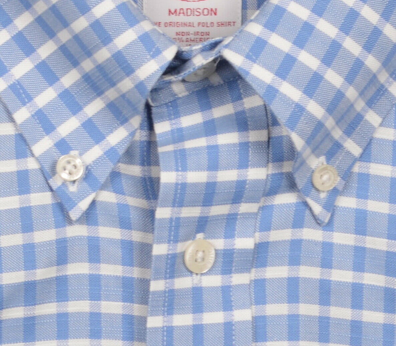 Brooks Brothers Men XL Non-Iron Blue Plaid Logo Madison Button-Down Dress Shirt