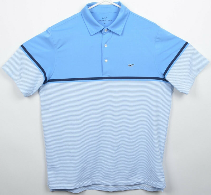 Vineyard Vines Men's Medium Blue Stripe Whale Polyester Wicking Golf Polo Shirt