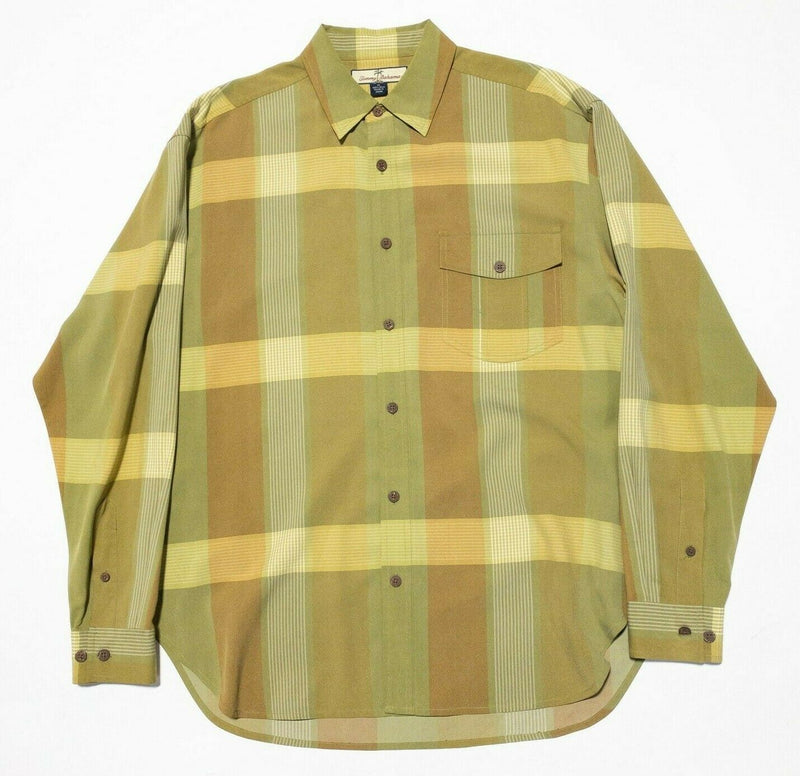 Tommy Bahama Silk Long Sleeve Button-Down Shirt Green Yellow Plaid Men's Medium