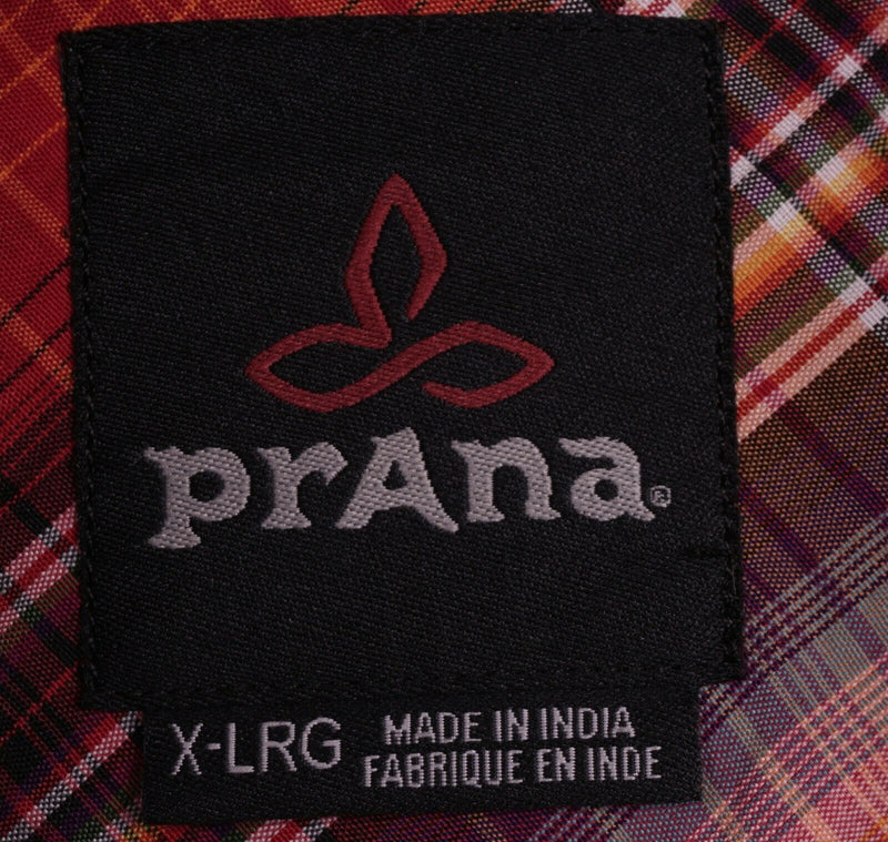 Prana Men's XL Organic Cotton Polyester Blend Orange Red Plaid Hiking Shirt