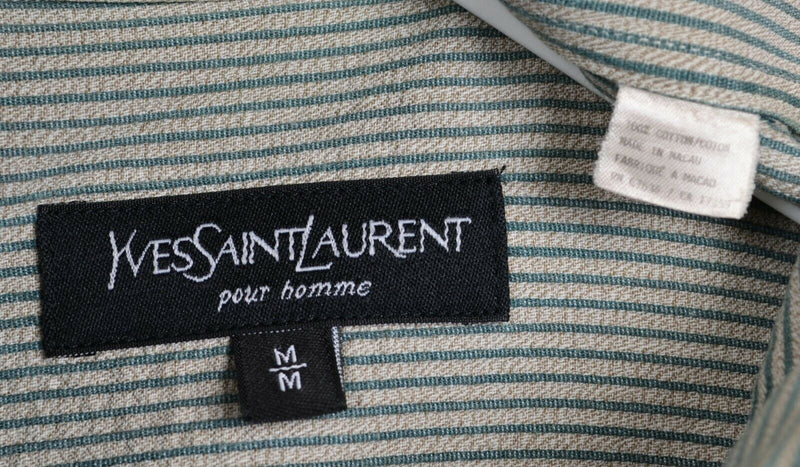 Yves Saint Laurent Men’s Medium Seersucker Hidden Button Gray Pinstriped Shirt