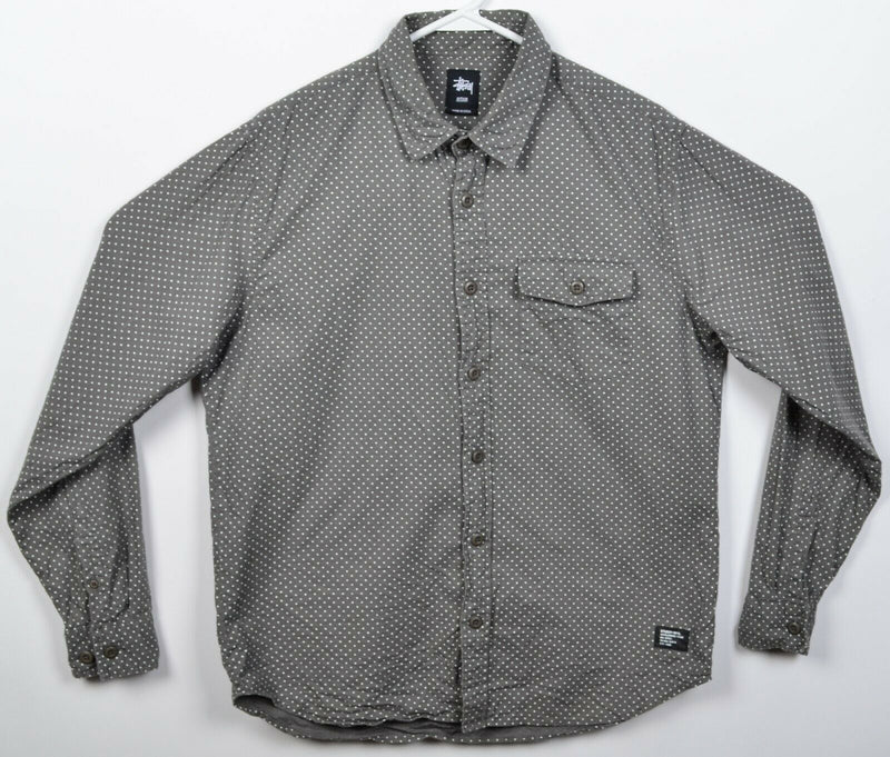 Stussy Men's Medium Gray White Polka Dot Long Sleeve Button-Front Shirt