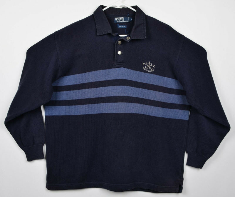 Vtg 90s Polo Ralph Lauren Men's Sz Large Snap Navy Blue PRLC Long Sleeve Shirt