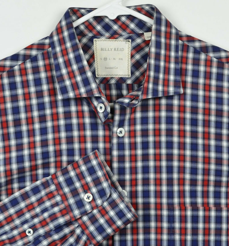 Billy Reid Men's Sz Medium Standard Cut Red Navy Blue Plaid Long Sleeve Shirt