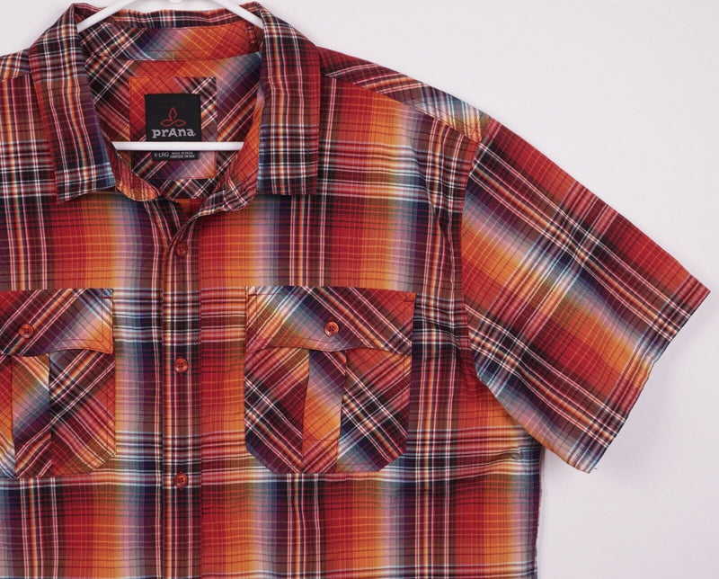 Prana Men's XL Organic Cotton Polyester Blend Orange Red Plaid Hiking Shirt