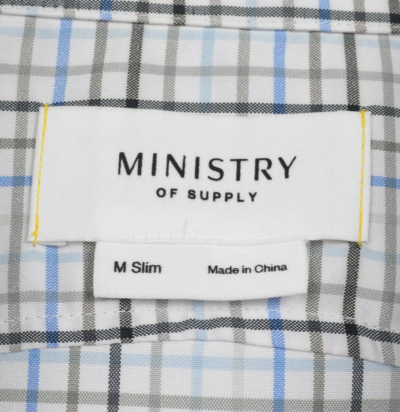 Ministry of Supply Men's Sz Medium Slim Blue Gray Plaid Performance Dress Shirt