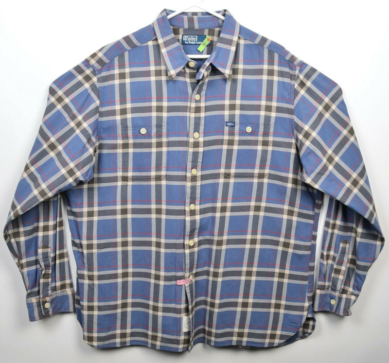 Polo Ralph Lauren Men's 2XL Blue Gray Plaid Button-Front Flannel Shirt