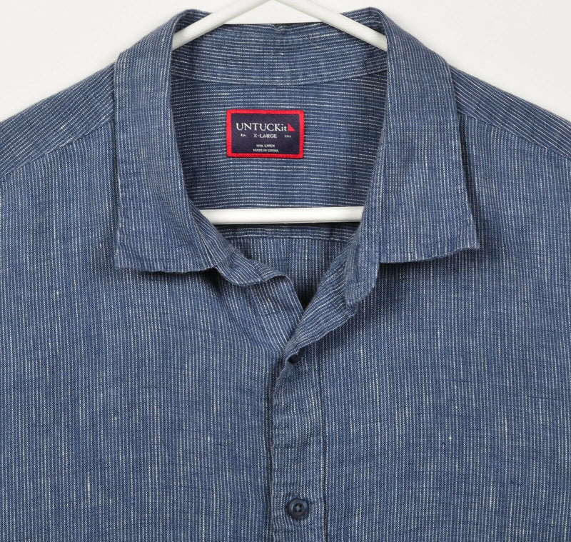 UNTUCKit Men's XL Blue Striped 100% Linen Boho Short Sleeve Button-Front Shirt