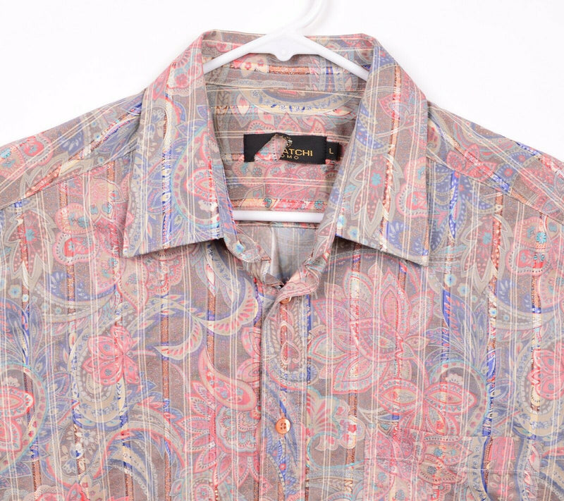 Bugatchi Uomo Men's Sz Large Paisley Multicolor Textured Short Sleeve Shirt