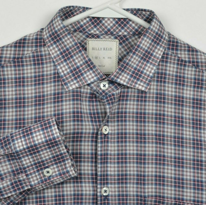 Billy Reid Men's Medium Slim Cut Blue Red Plaid Spread Collar Button-Front Shirt