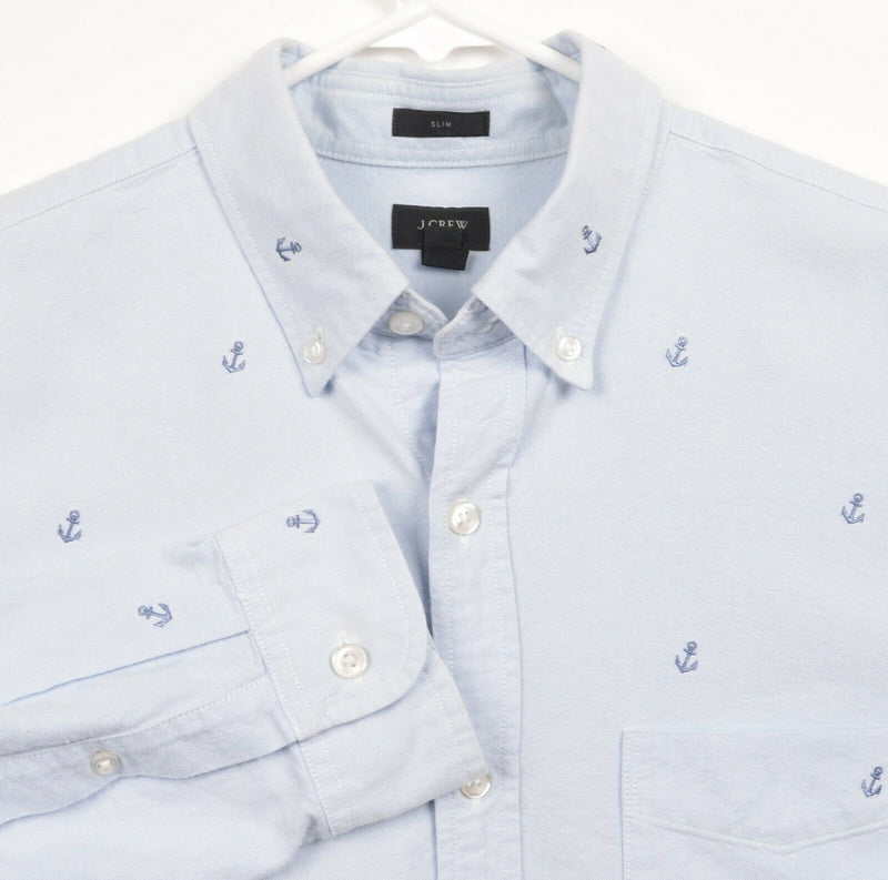 J. Crew Men's Sz Medium Slim Anchor Embroidered Pattern Oxford Button-Down Shirt